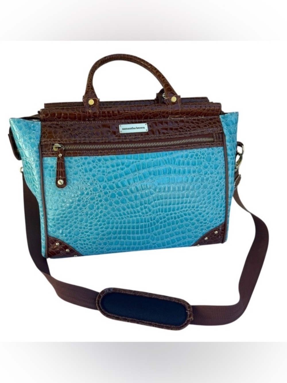 Samantha Brown Croc Embossed Carry On Travel Tote Bag Blue Brown